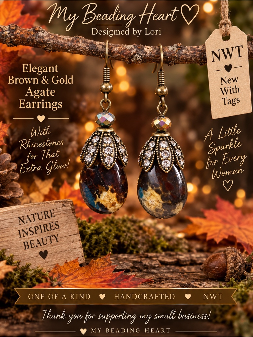 Elegant Gold and Brown Dangle Agate Earrings NWT